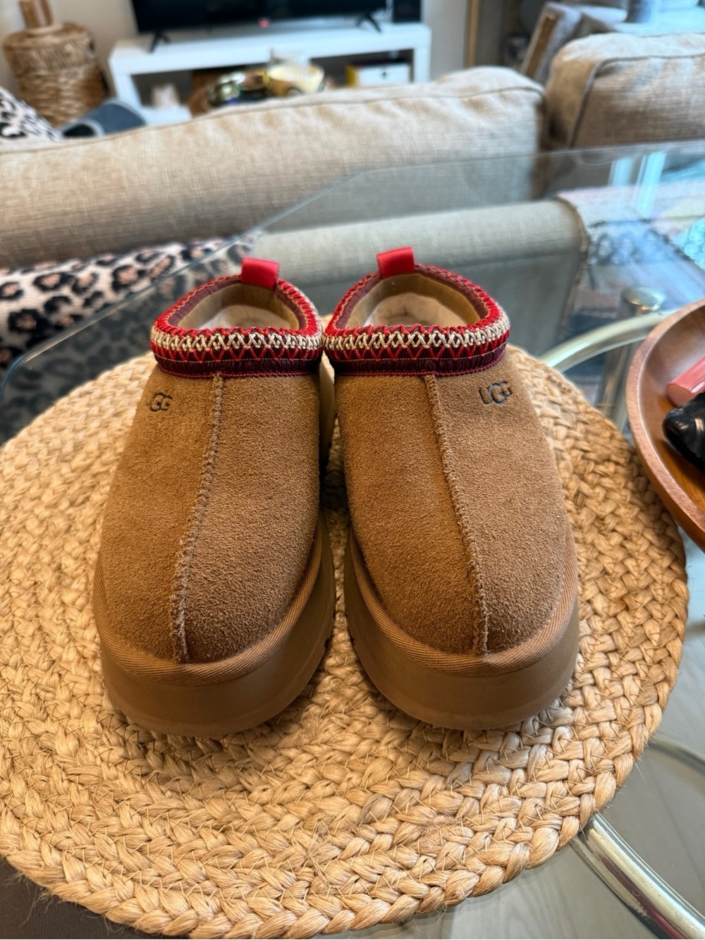 UGG Women’s Chestnut Suede Slip-On Slippers with Red Trim